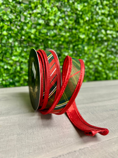 John Mark 1 Inch By 10 Yard Metallic Red Traditions Plaid Fused Backing Ribbon