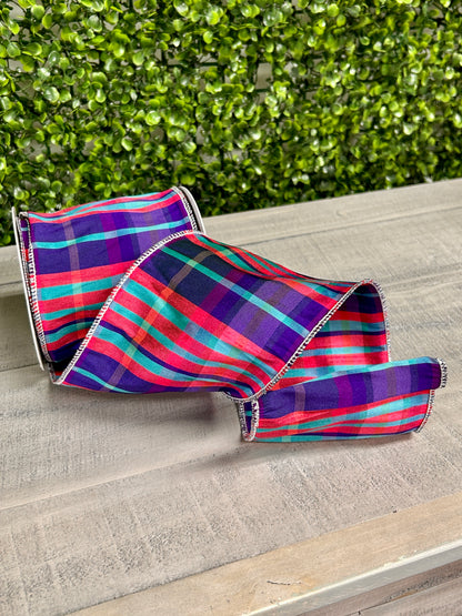 4 Inch By 10 Yard Fuchsia Purple And Teal Plaid Deluxe Ribbon