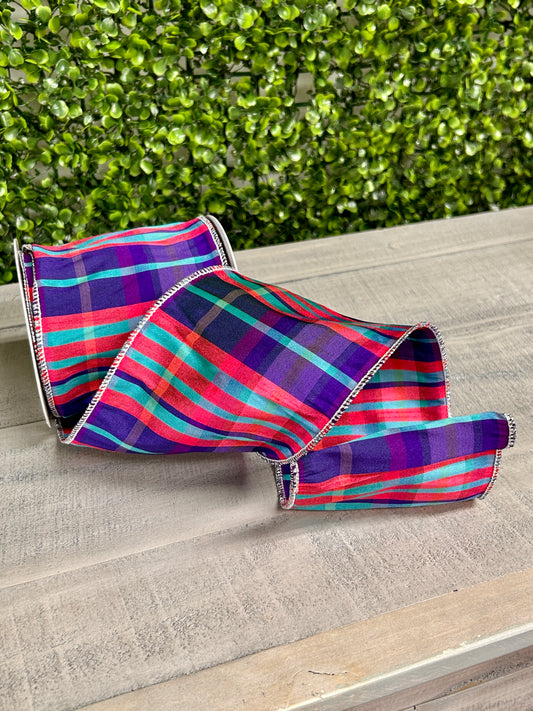 4 Inch By 10 Yard Fuchsia Purple And Teal Plaid Deluxe Ribbon