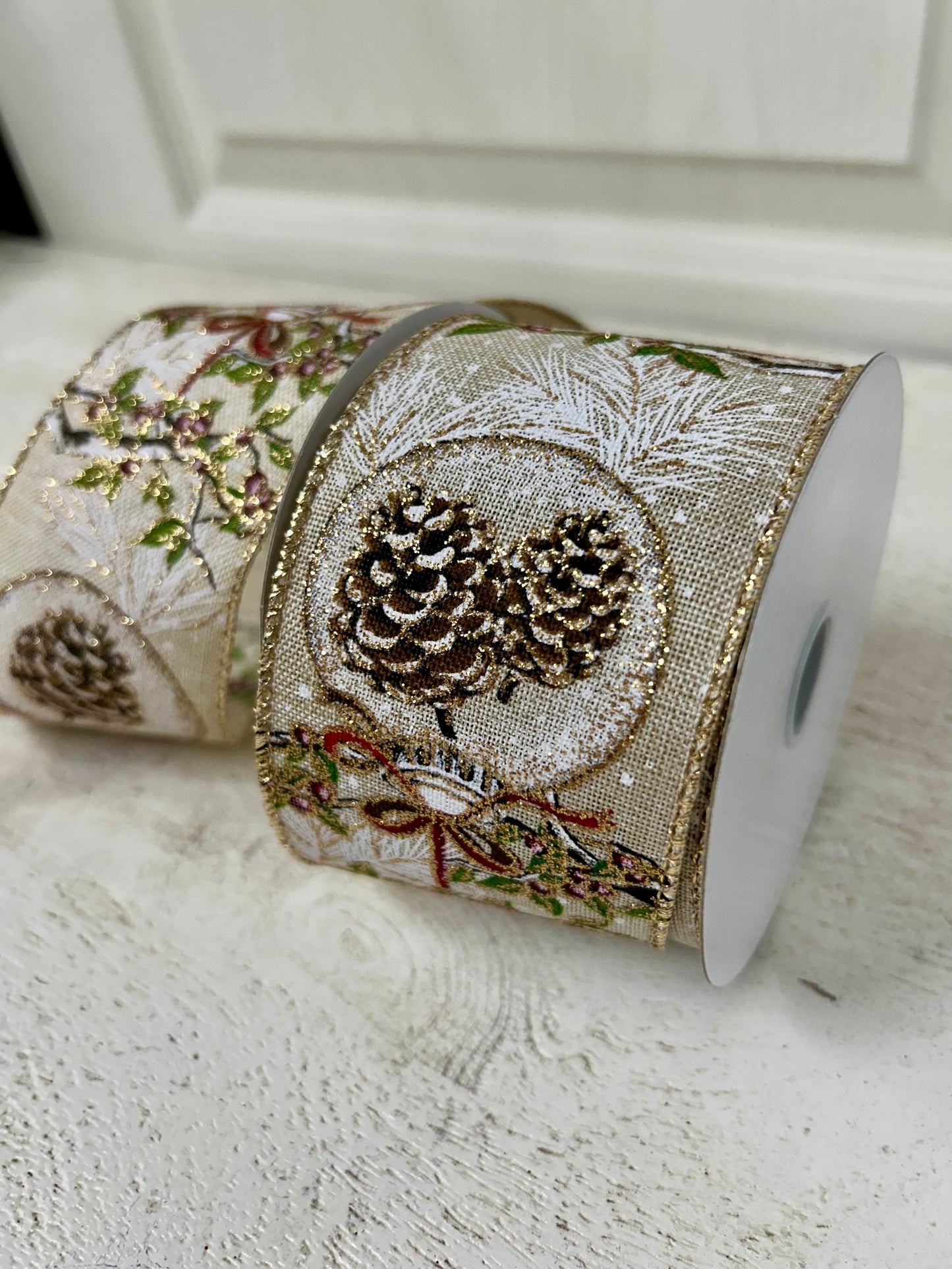 2.5 Inch By 10 Yard Red Berry Branch With Acorn Ornament With Burlap Background And Gold Glitter Edging