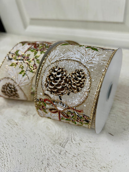 2.5 Inch By 10 Yard Red Berry Branch With Acorn Ornament With Burlap Background And Gold Glitter Edging