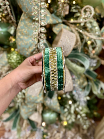 John Mark 1.5 Inch By 5 Yard Green Velvet Jeweled Center Fused Backing Ribbon