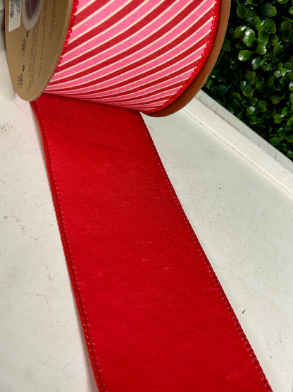 4 Inch By 10 Yard Red White And Pink Diagonal Stripe Dupioni Ribbon