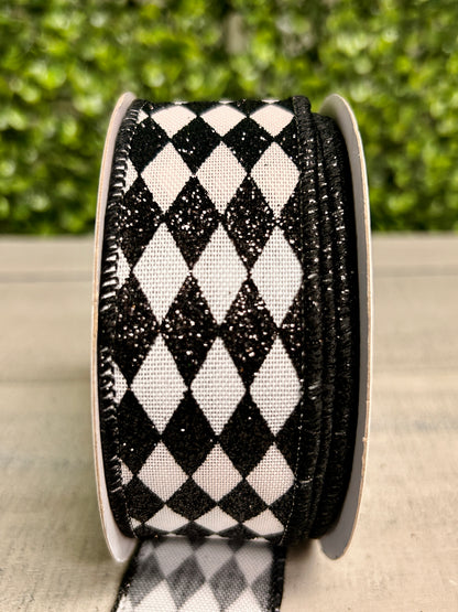 1.5 Inch By 10 Yard White And Black Glitter Harlequin Ribbon