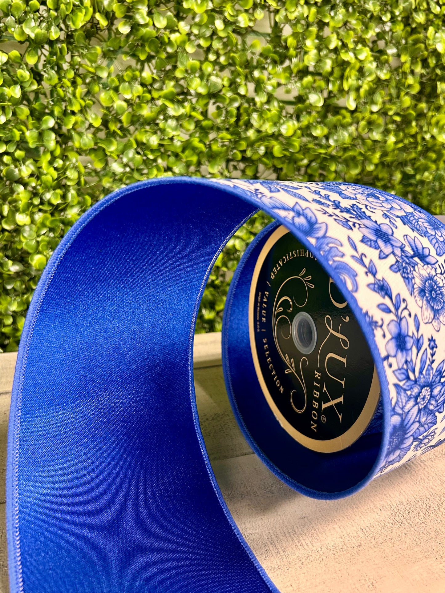 4 Inch By 10 Yard Blue And White Chinoiserie Floral Fused Ribbon