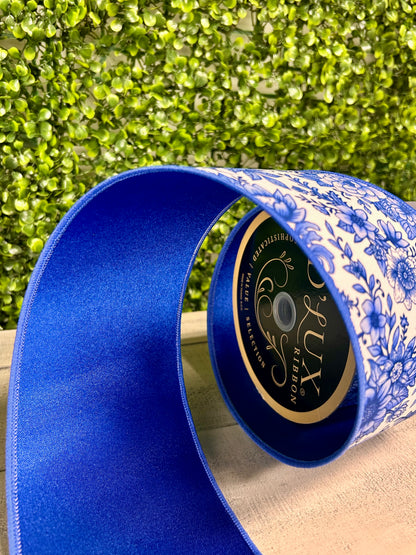 4 Inch By 10 Yard Blue And White Chinoiserie Floral Fused Ribbon