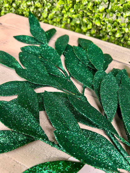 23 Inch Hunter Green Glitter Bay Leaf Spray