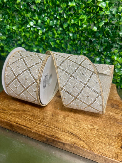 2.5 Inch By 10 Yard Champagne And Gold Glitter Diagonal Plaid With Natural Edge Ribbon