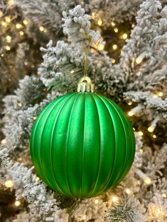 5 Inch Matte Green Vertical Stripe Ball Ornament
