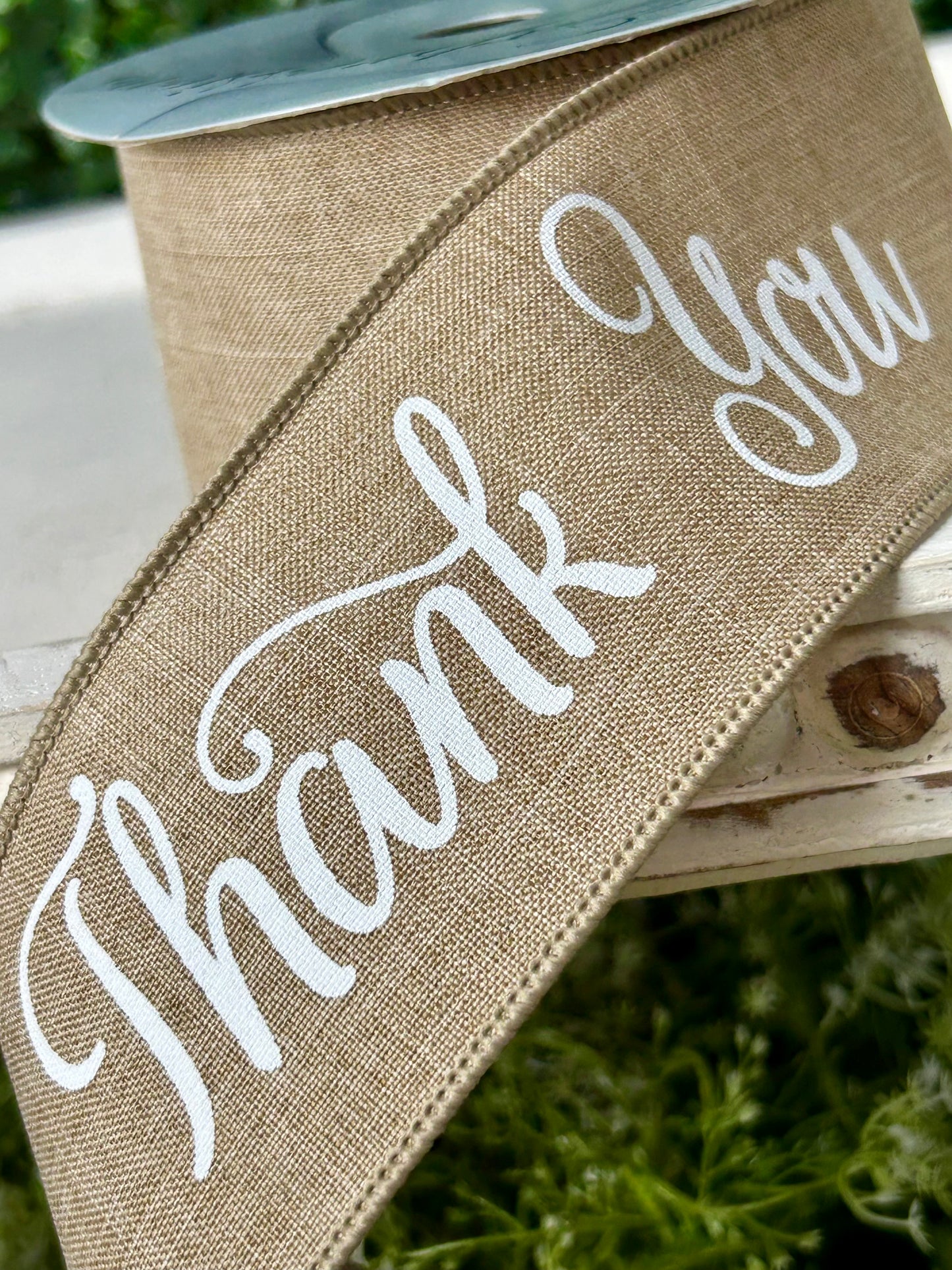 2.5 Inch By 10 Yard Light Beige And White Thank You On Royal Ribbon