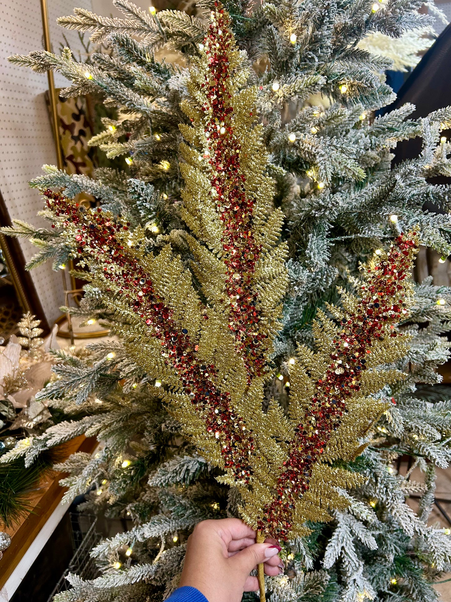 34 Inch Gold And Red Jumbo Glitter Sequin Fern Spray