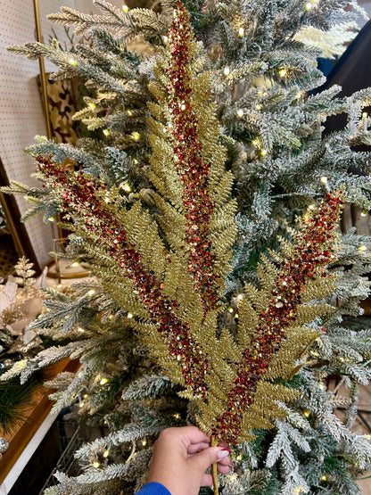 34 Inch Gold And Red Jumbo Glitter Sequin Fern Spray