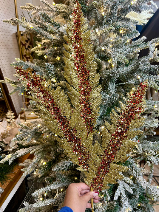 34 Inch Gold And Red Jumbo Glitter Sequin Fern Spray