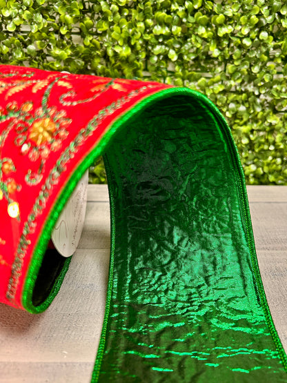 David Christopher 4 Inch By 10 Yard Green Fern Embroidery With Gold Sequins On Red Velvet With Green Back Ribbon