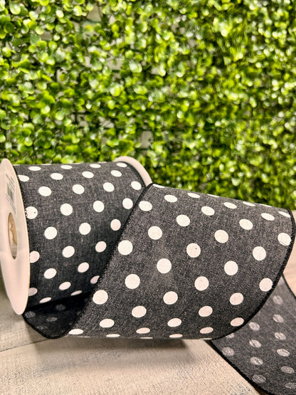 4 Inch By 10 Yard Black And White Polka Dot Linen Ribbon