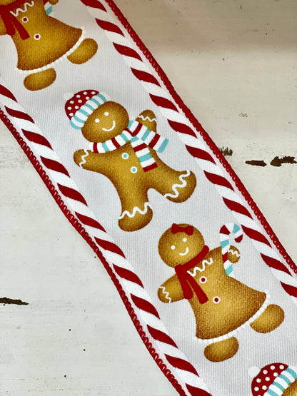 2.5 Inch White Red Ice Blue Gingerbread Boy And Girl Ribbon