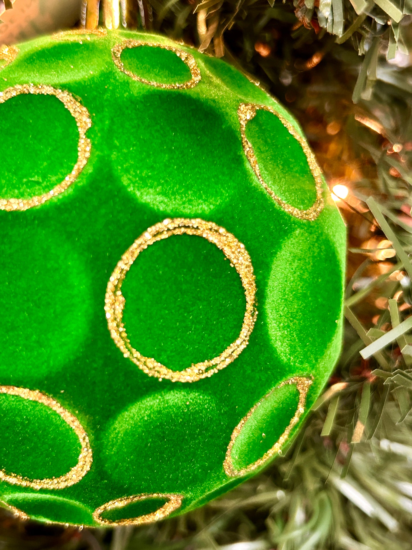 4 Inch Emerald Green And Gold Flocked Glitter Concave Ball Ornament