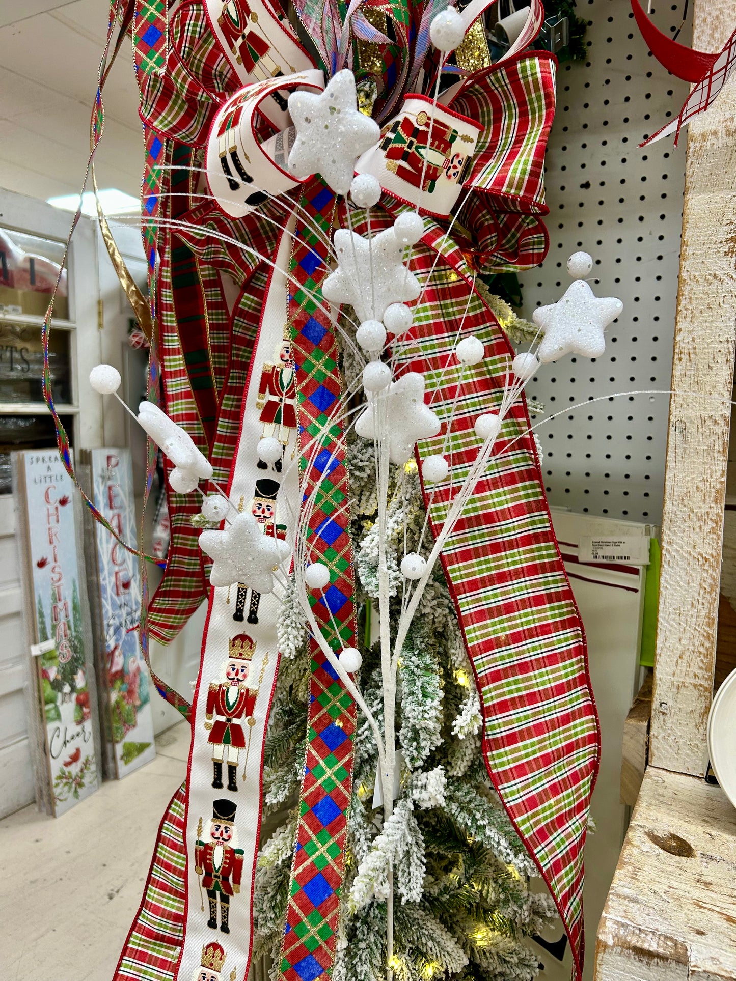 34 Inch White Glitter Star Berry Pine Spray