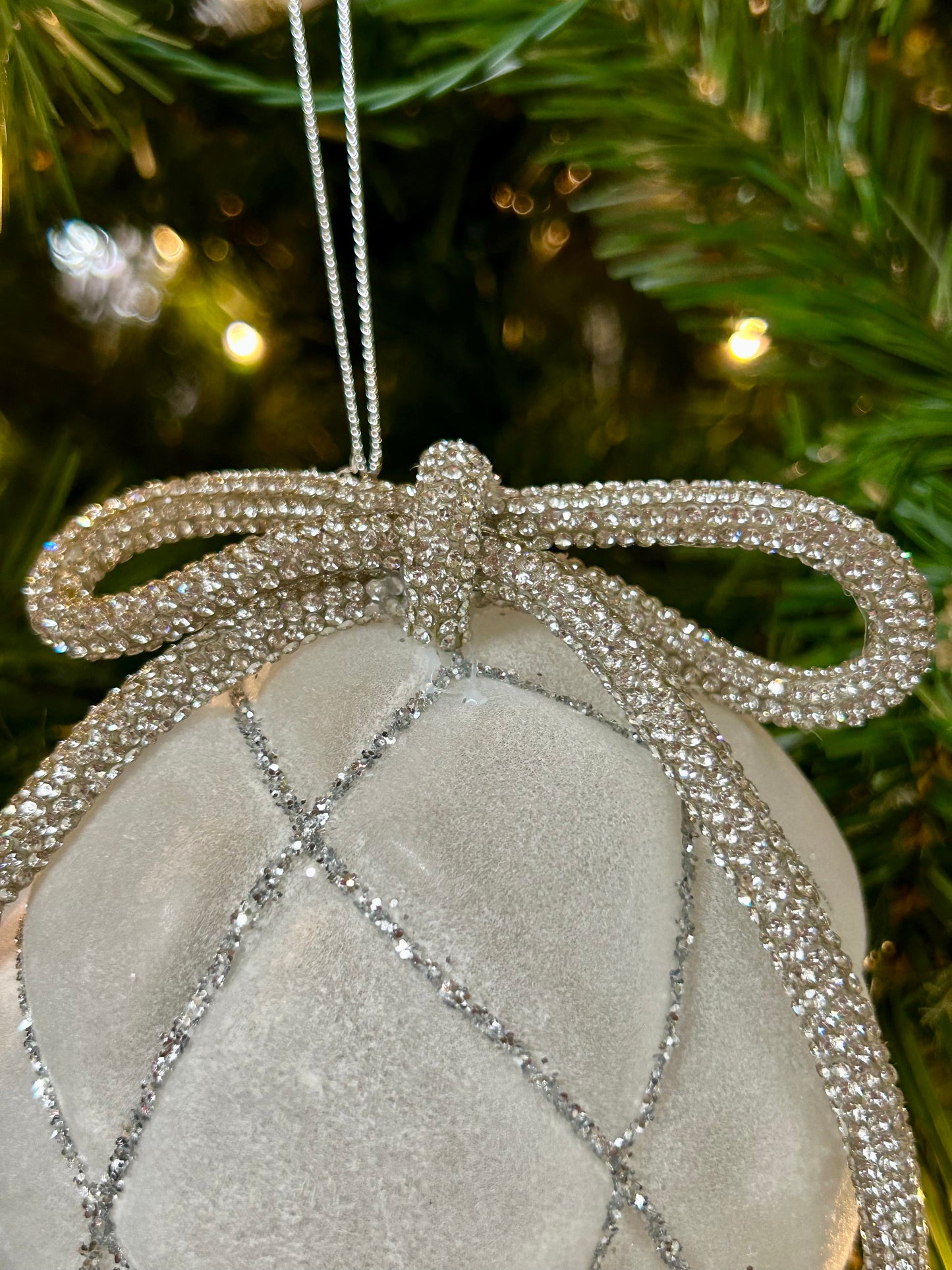 4 Inch White And Silver Glass Flocked Ball Ornament