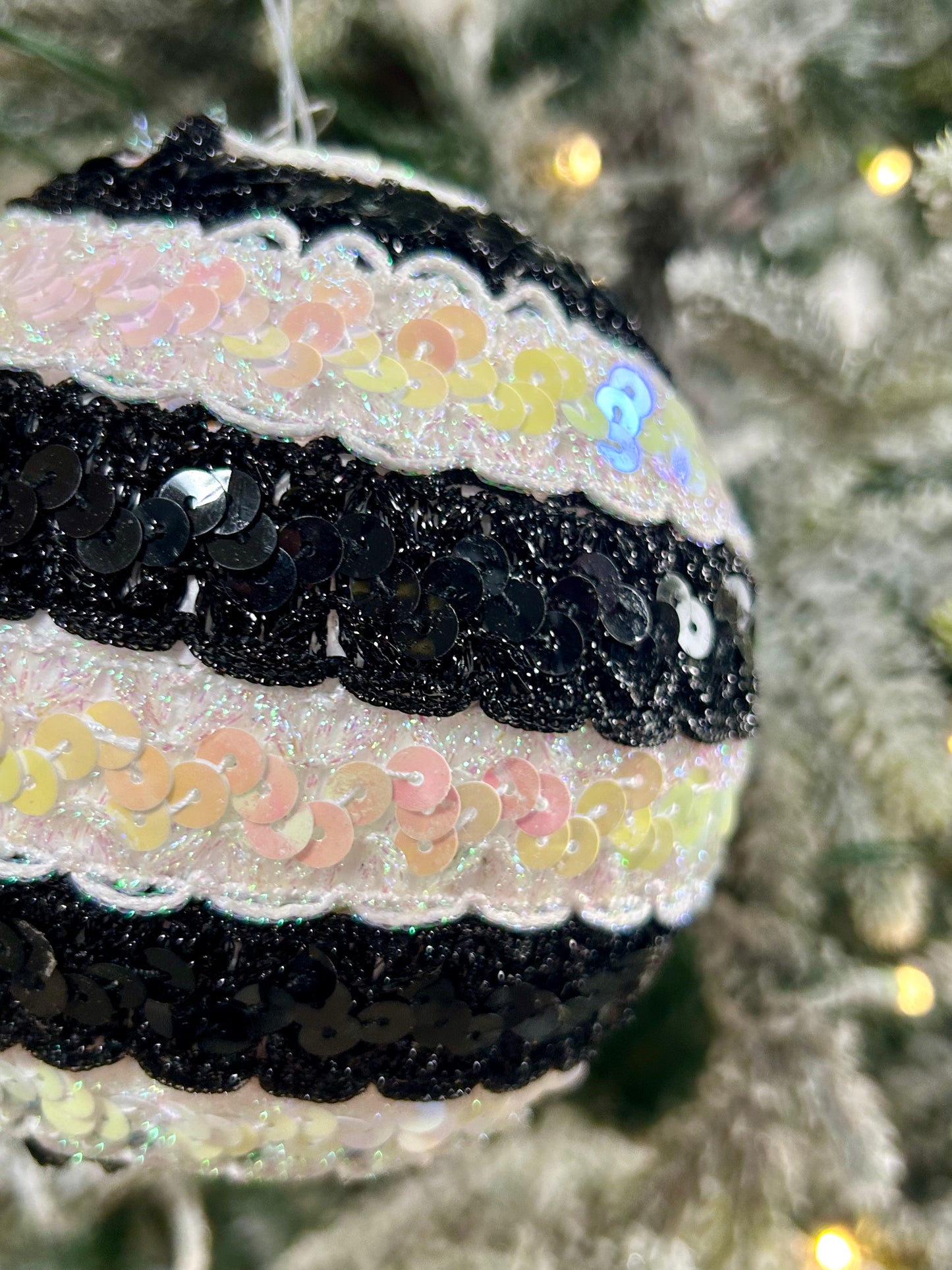 5 Inch Black And White Sequin Lace Ball Ornament