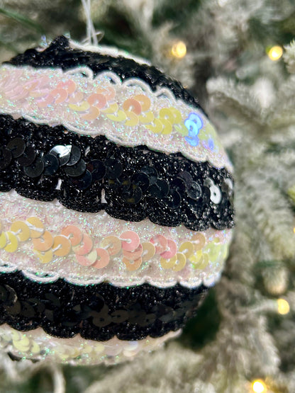 5 Inch Black And White Sequin Lace Ball Ornament