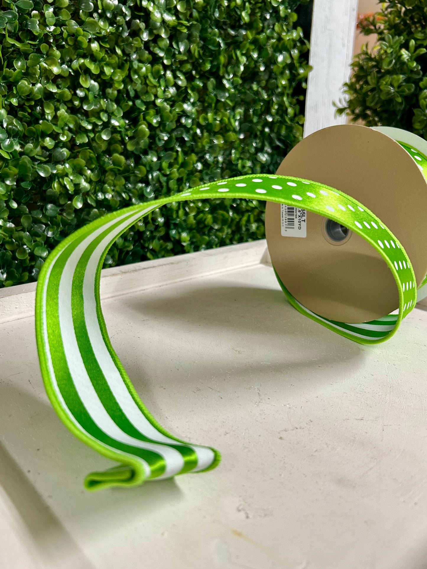 1.5 Inch By 10 Yard Fresh Green And White Polka Dot With Stripe Backing Ribbon