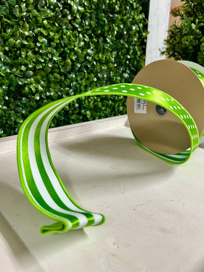 1.5 Inch By 10 Yard Fresh Green And White Polka Dot With Stripe Backing Ribbon