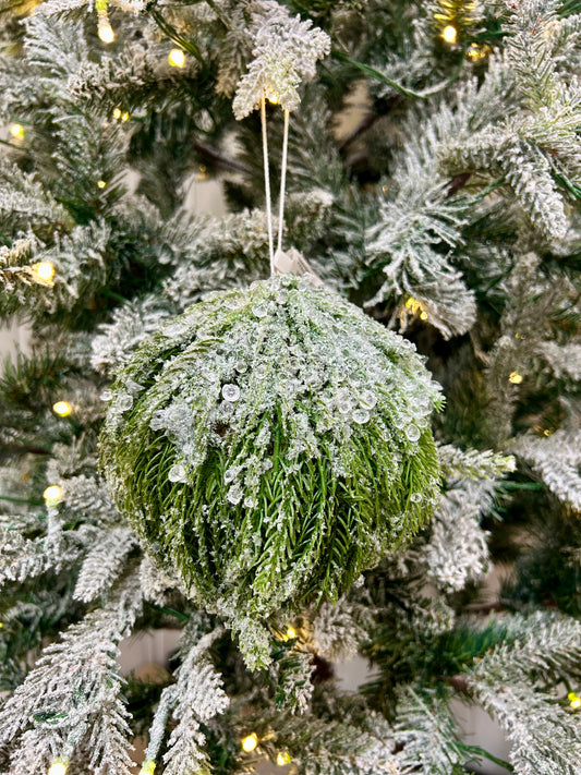 5 Inch Green And White Iced Cypress Ball Ornament