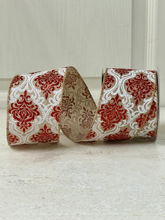 2.5 Inch By 10 Yard Red And White Glitter Demask With A Burlap Background Ribbon