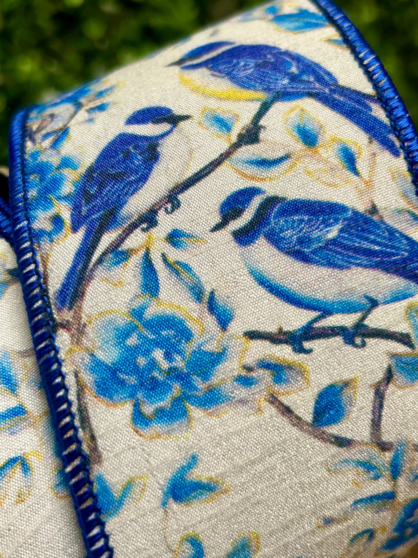 2.5 Inch By 10 Yard Blue Bird Perched Deluxe Dupioni Backed Wired Edge Ribbon