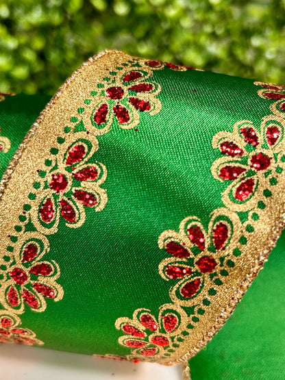 2.5 Inch By 10 Yard Red And Gold Scallop Trim On Emerald Ribbon
