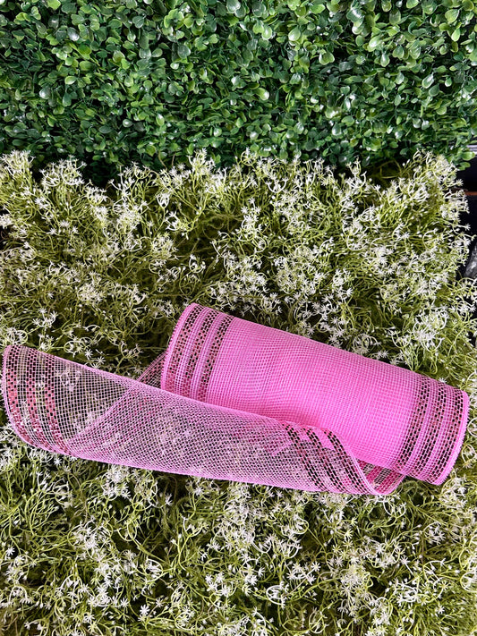 10 Inch By 10 Yard Pink With Pink Foil Border Stripe Metallic Mesh