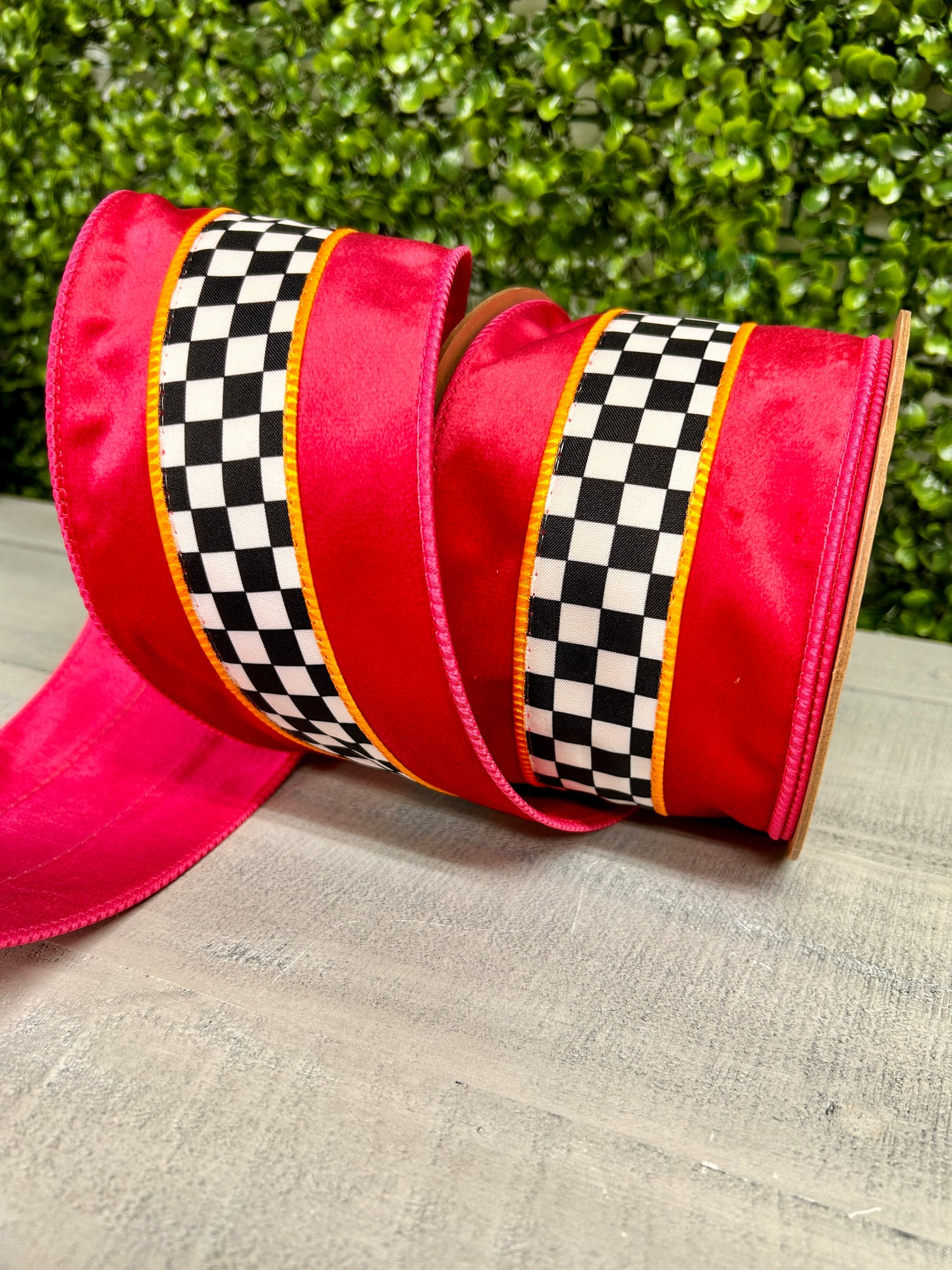 4 Inch By 10 Yard Hot Pink And Orange With Check Middle Ribbon