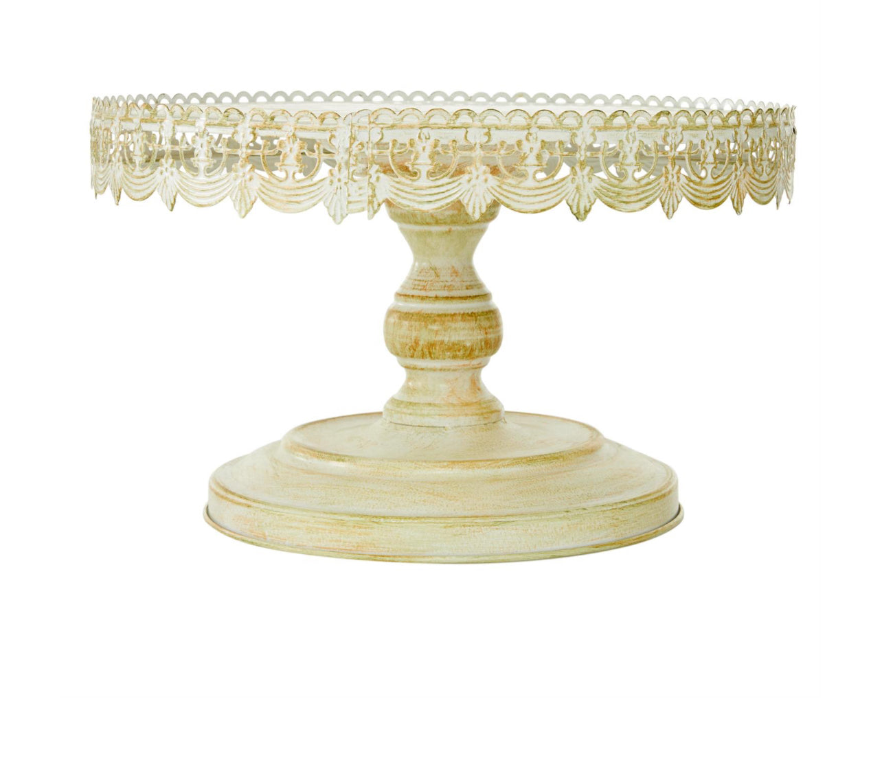 16 Inch Cream Metal Floral Decorative Cake Stand With Lace Inspired Edge