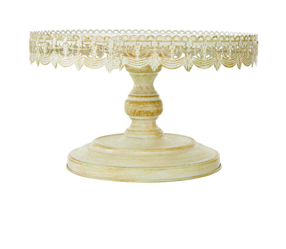 16 Inch Cream Metal Floral Decorative Cake Stand With Lace Inspired Edge