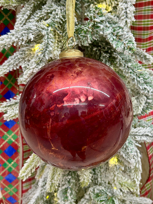 6 Inch Red Gold And White Marble Glass Ball Ornament