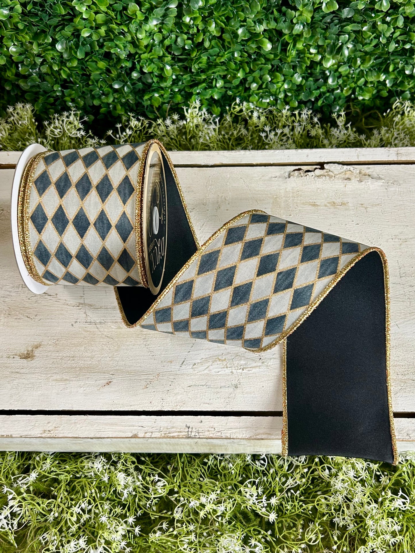 4 Inch By 10 Yard Cream Gold Grey And Black Antique Harlequin Fused Ribbon