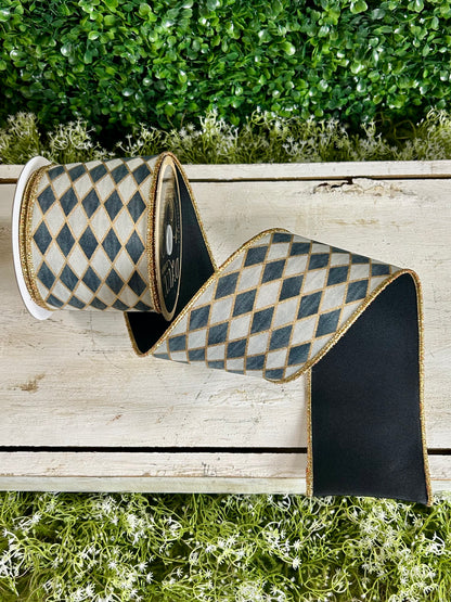 4 Inch By 10 Yard Cream Gold Grey And Black Antique Harlequin Fused Ribbon