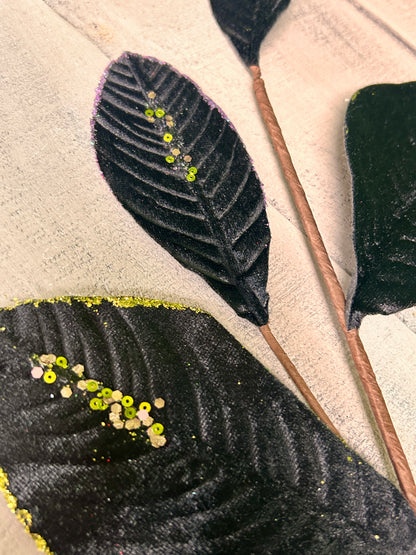 26 Inch Black Velvet Sequin Magnolia Leaf Spray