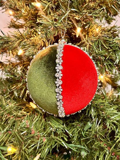 5 Inch Red And Green Diamond Velvet Ball Ornament
