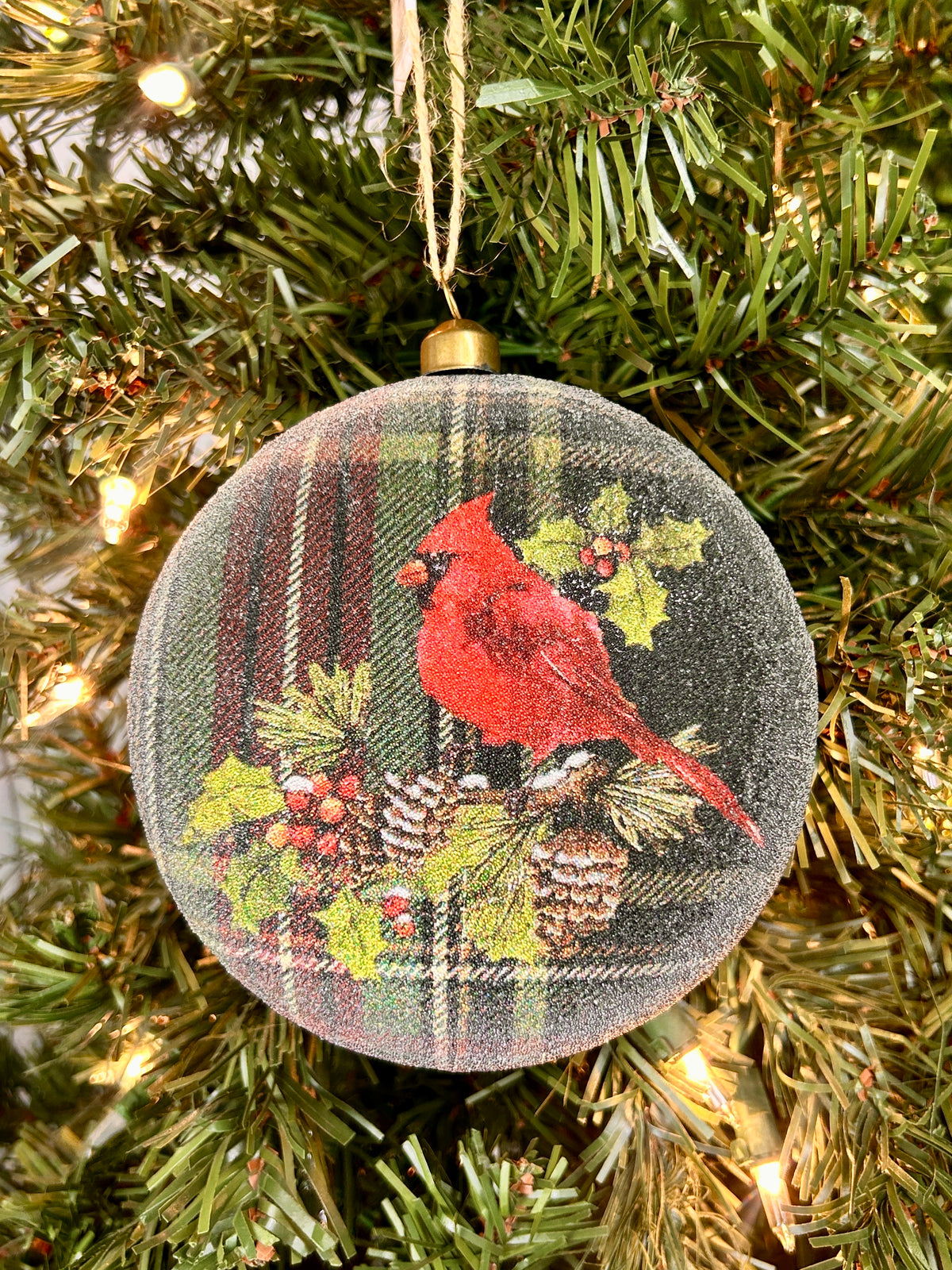 4.5 Inch Plaid Bead Cardinal Ornament
