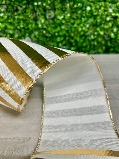 4 Inch By 10 Yard White Linen Gold Horizontal Big Stripes Ribbon