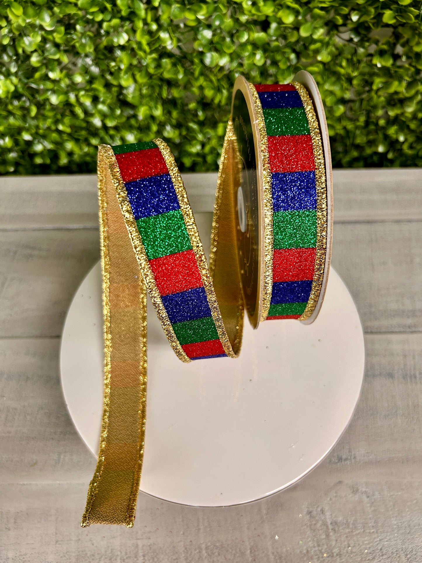 7/8 Inch By 10 Yard Red Emerald And Royal Blue Glitter Striped Fused Ribbon