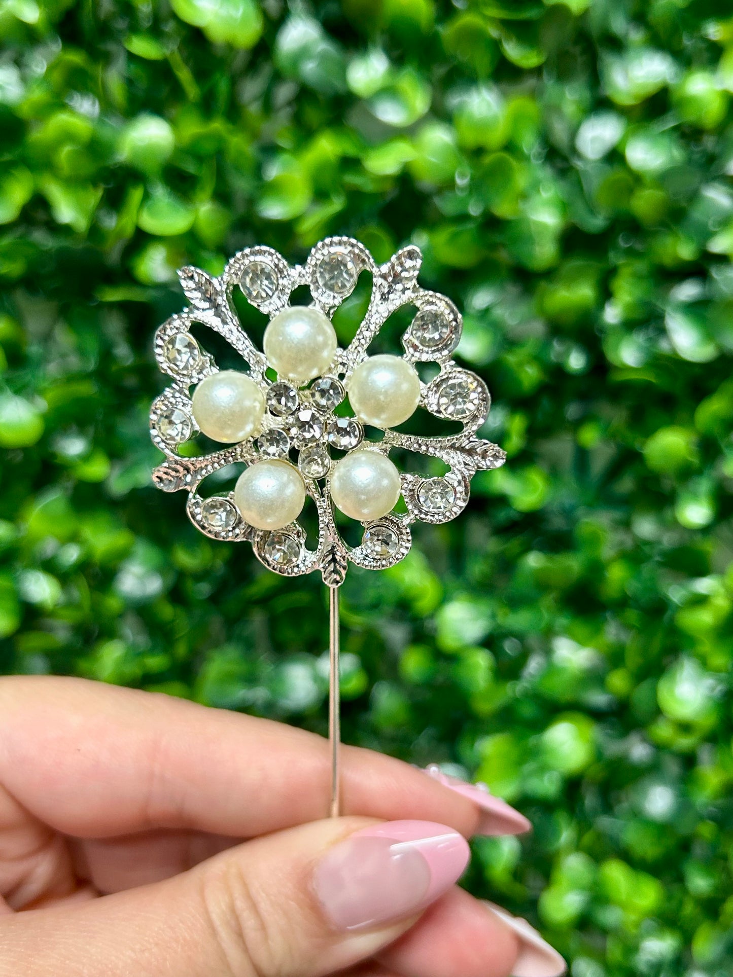 1.75 Inch Silver Rhinestone And Pearl Floral Pins Six Pack