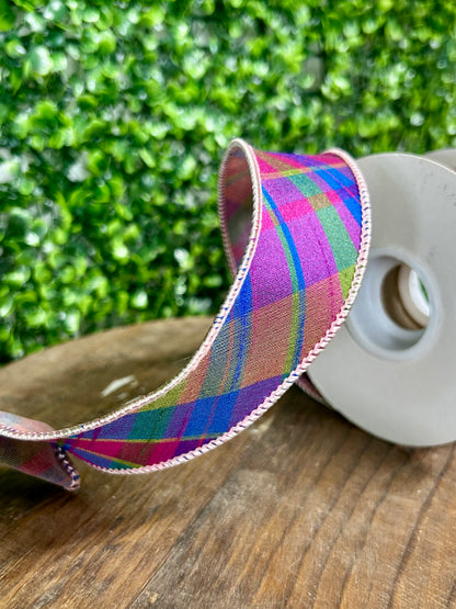 1.5 Inch By 5 Yard Magenta Plaid Diagonal Dupioni Deluxe Wired Edge Ribbon