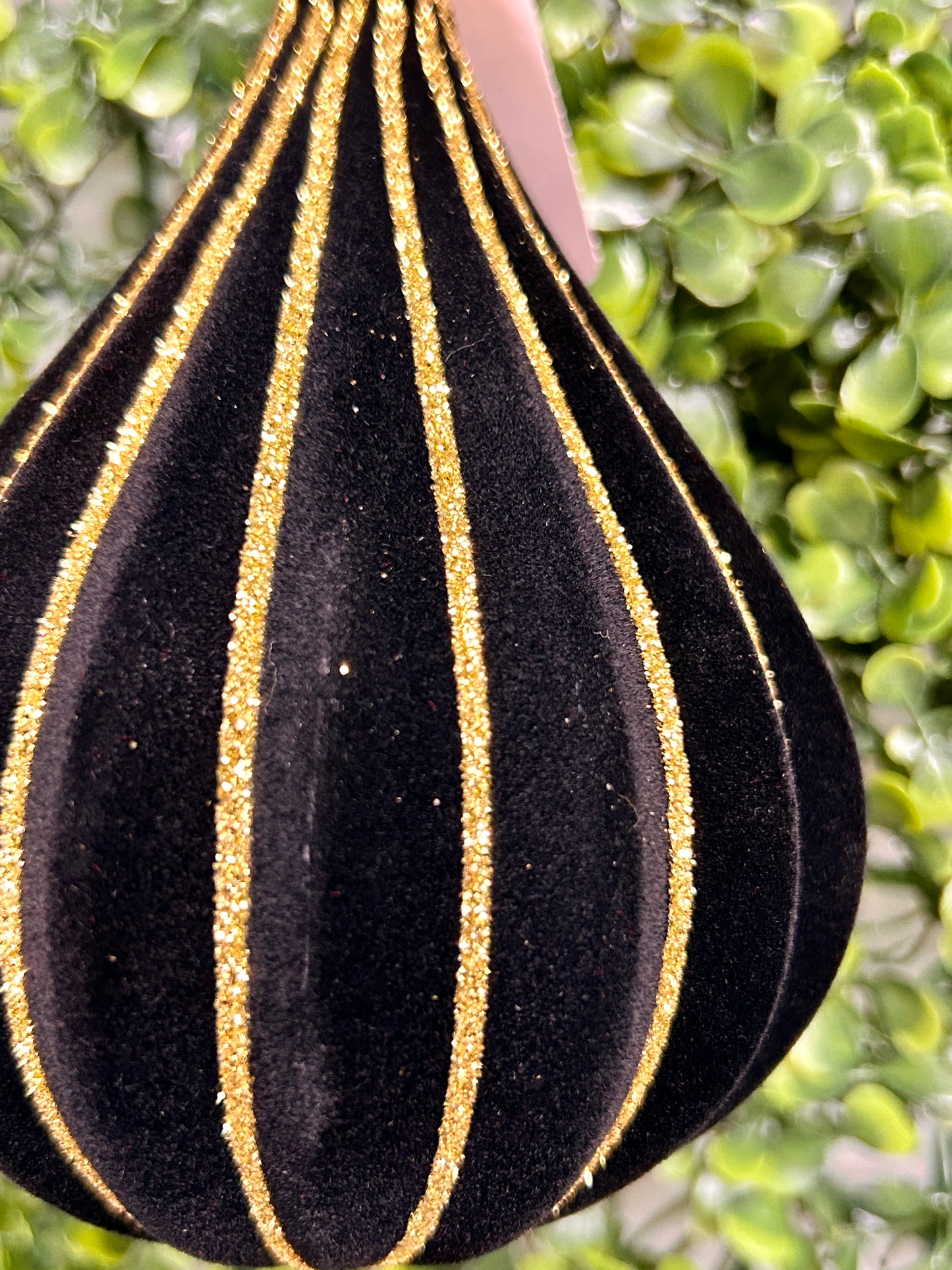 5 Inch Black And Gold Flocked Glitter Teardrop Ornament