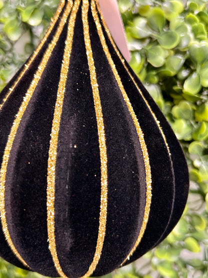 5 Inch Black And Gold Flocked Glitter Teardrop Ornament