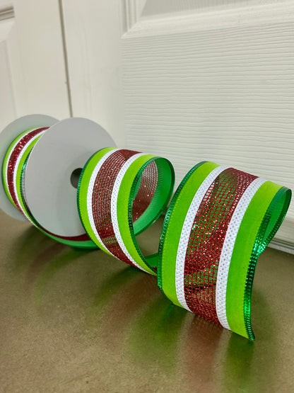 2.5 Inch By 10 Yard Green Velvet With Red Net Center Ribbon