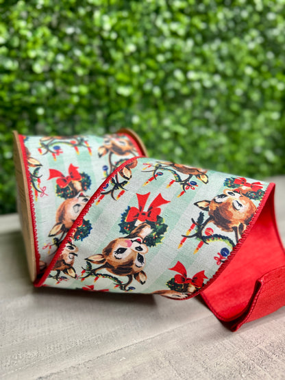 4 Inch By 10 Yard Retro Deer With Wreath With Red Backing Ribbon