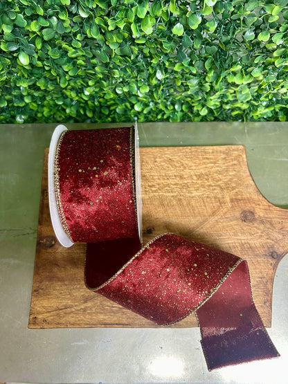 2.5 Inch By 10 Yard Burgundy And Gold Speckled Velvet Ribbon
